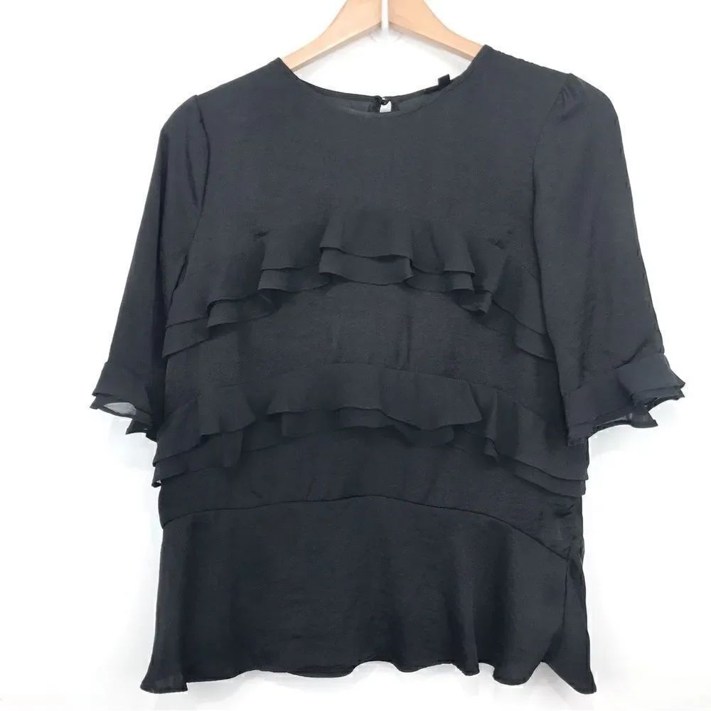 Who What Wear Classic Black Chiffon Tiered Ruffle Blouse